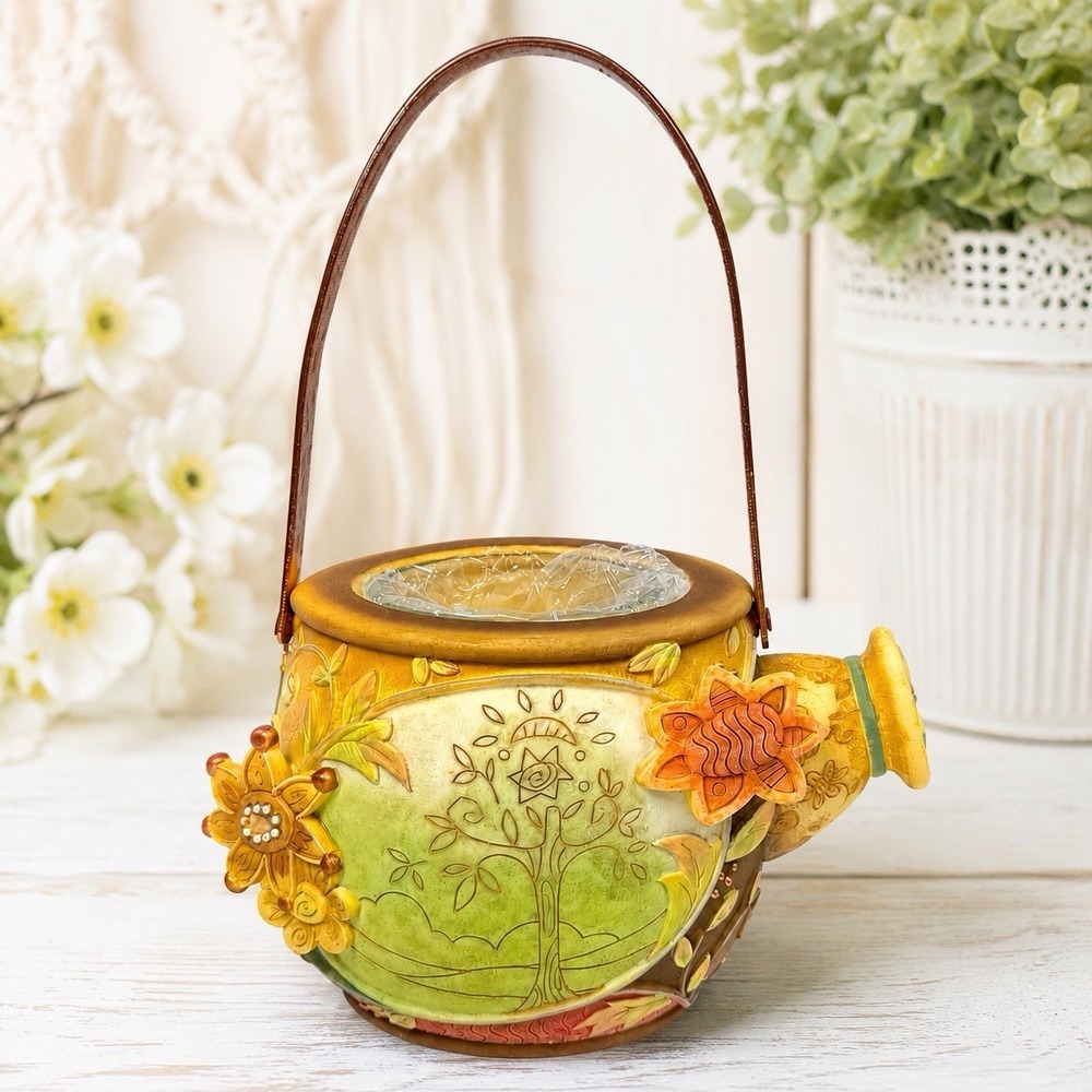 2003 Enesco Blooming Wild Karen Hahn Floral Watering Can Candle Holder Cottage